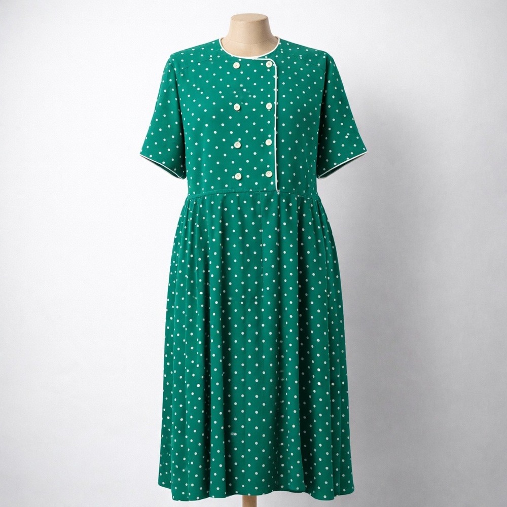 Vintage 80s Polka Dot Double Breasted Midi Dress Sz 14 Petite Pockets Pinup Twee